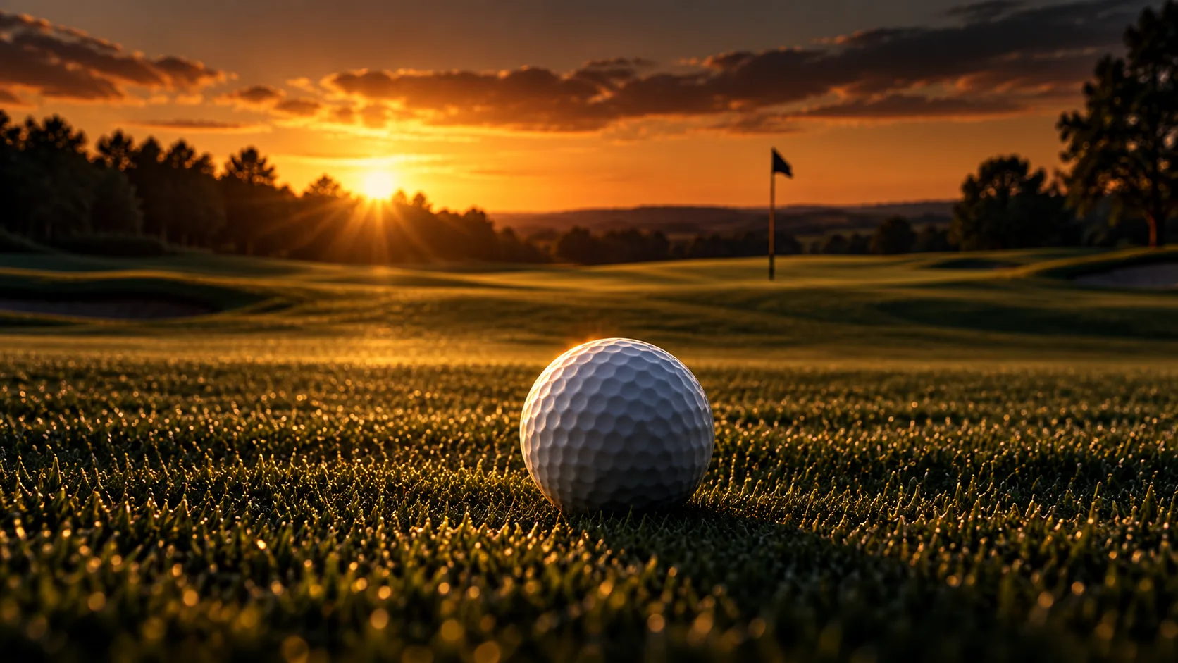 A golf ball resting on fairway turf at dusk, with a green and flag in the distance