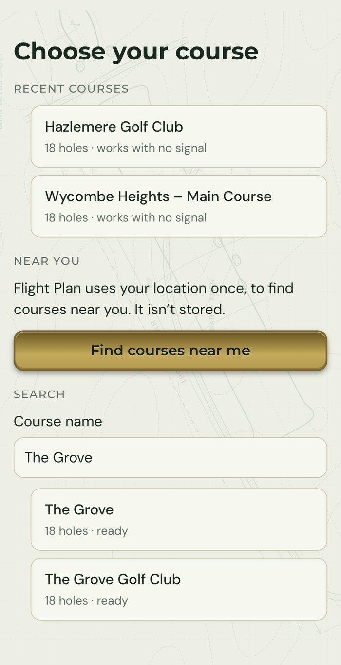 The Choose your course screen in light mode, with recent courses, a Find courses near me button and a search box