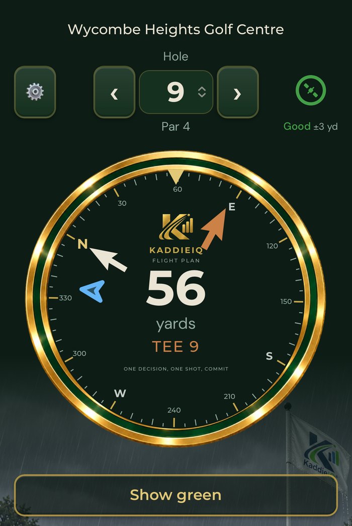 The dial after changing hole: a brown arrow points at the next tee and the label says TEE 9, with a Show green button