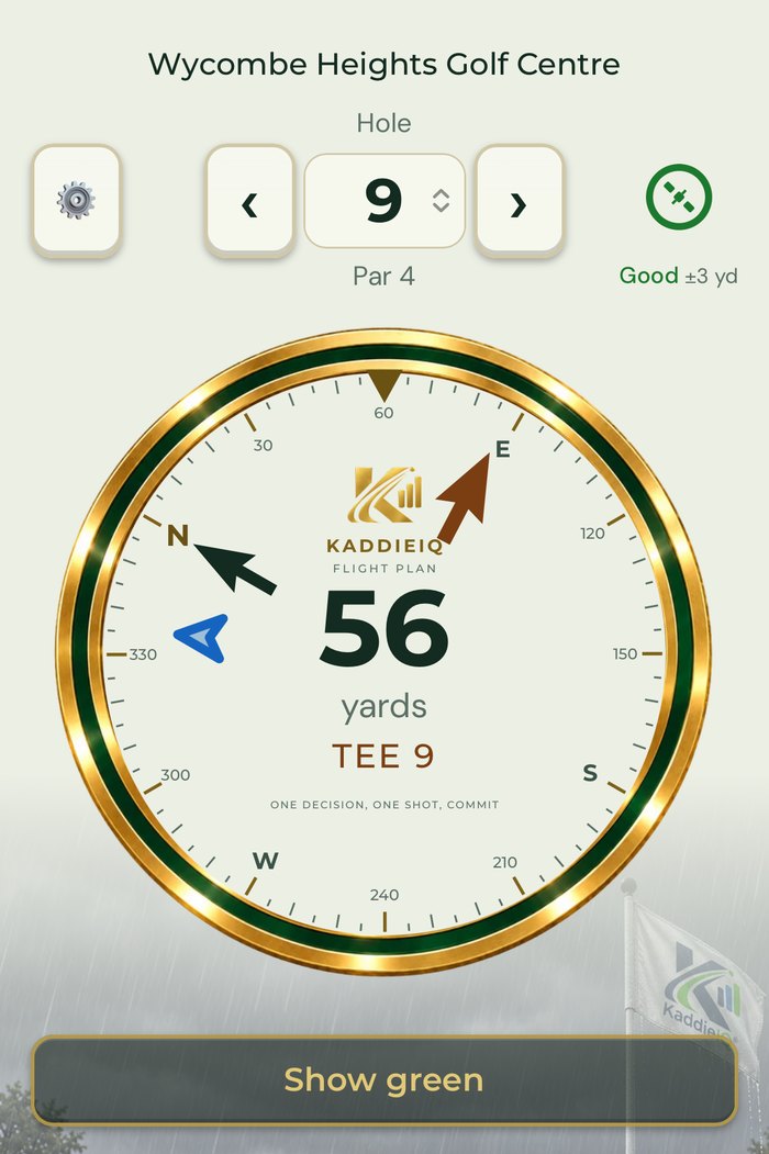 The dial after changing hole: a brown arrow points at the next tee and the label says TEE 9, with a Show green button