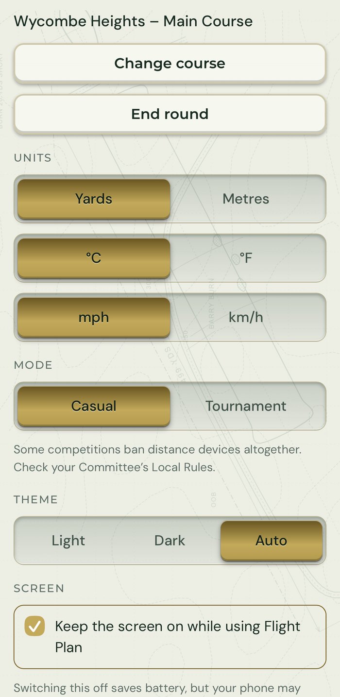 Settings in light mode: change course, end round, units, mode, theme and screen