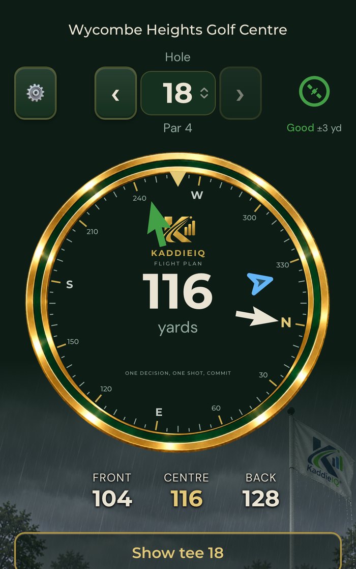 The dial in dark mode with a Show tee 18 button under the distances, which switches the arrow to that hole's tee