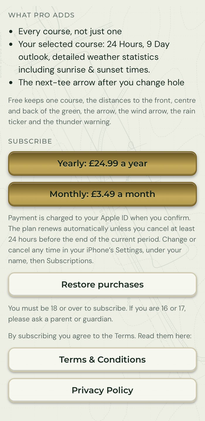 The Flight Plan Pro screen in light mode showing what Pro adds, the yearly and monthly prices, Restore purchases, and links to the Terms and the Privacy Policy