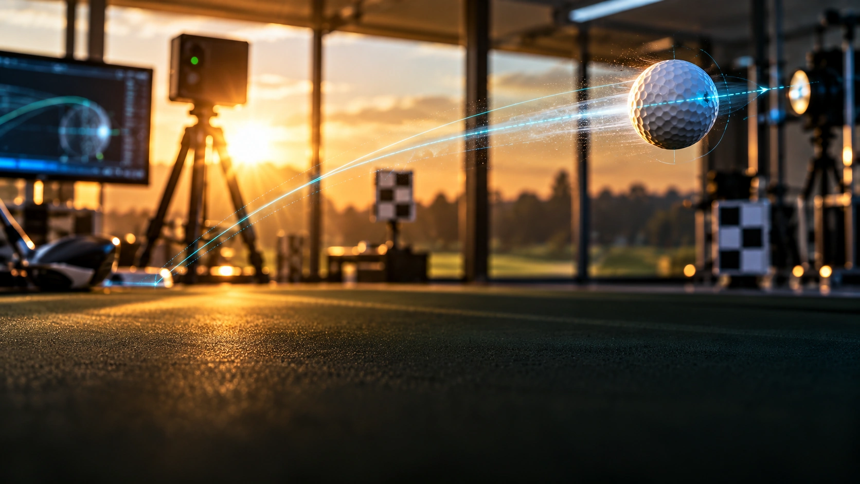 A golf ball's flight tracked through launch-monitor data at golden hour, with calibration equipment in the foreground