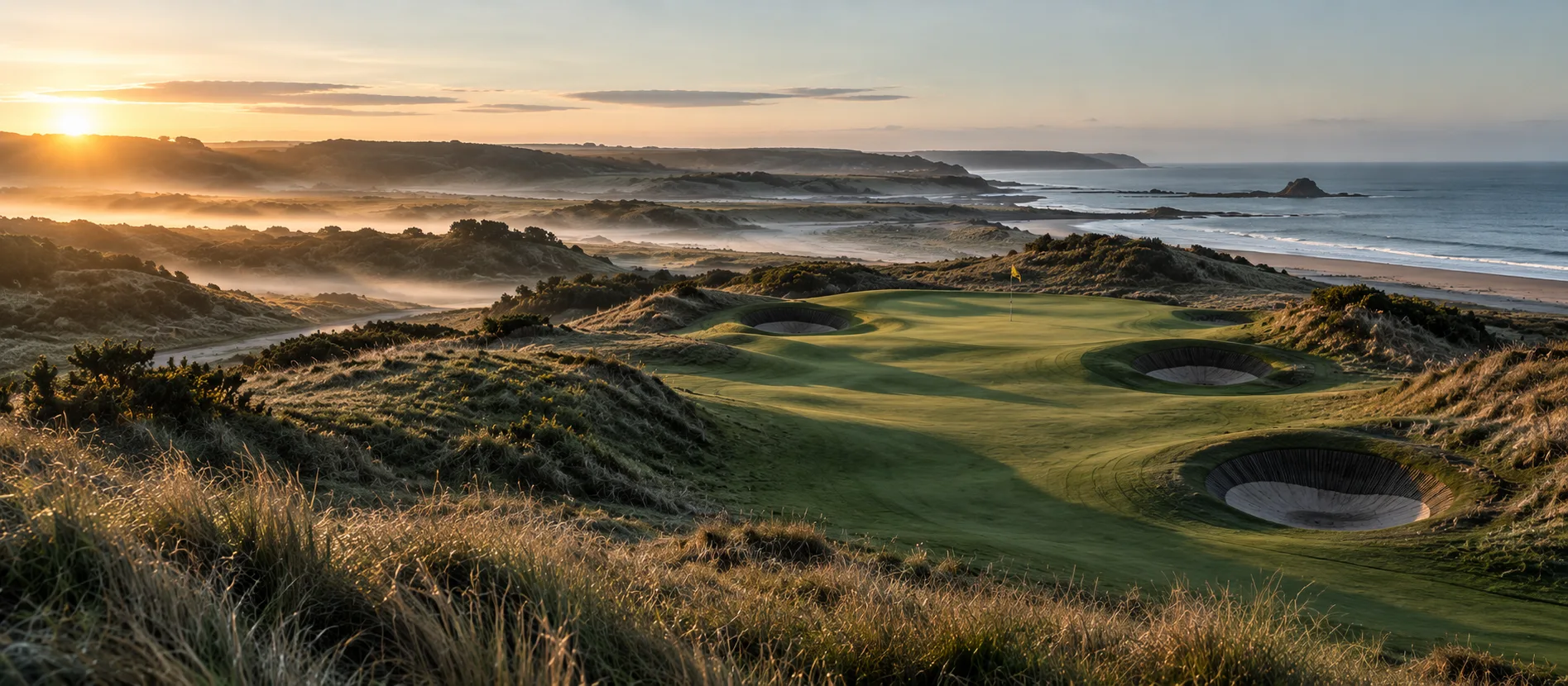 Sunrise over a links golf course green on the coast, with pot bunkers and the flag in view